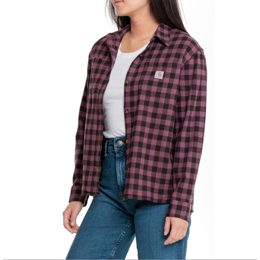 Carhartt Womens Flannel Shirt Small Pink Black Check Long Sleeve Top Button Up